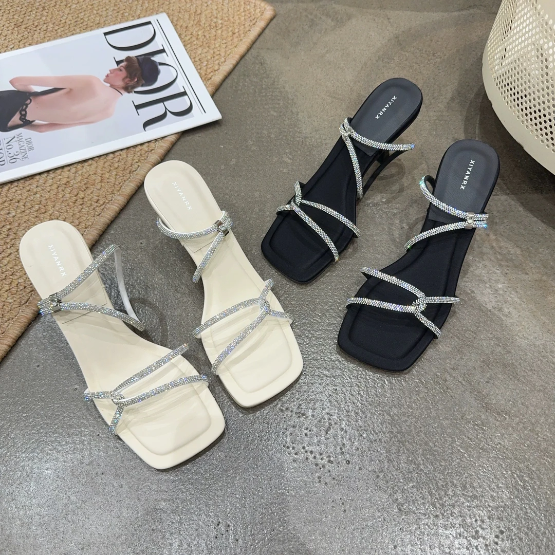 507-2 夏季新品女水钻方头细跟凉拖鞋外穿时尚潮流百搭韩版潮