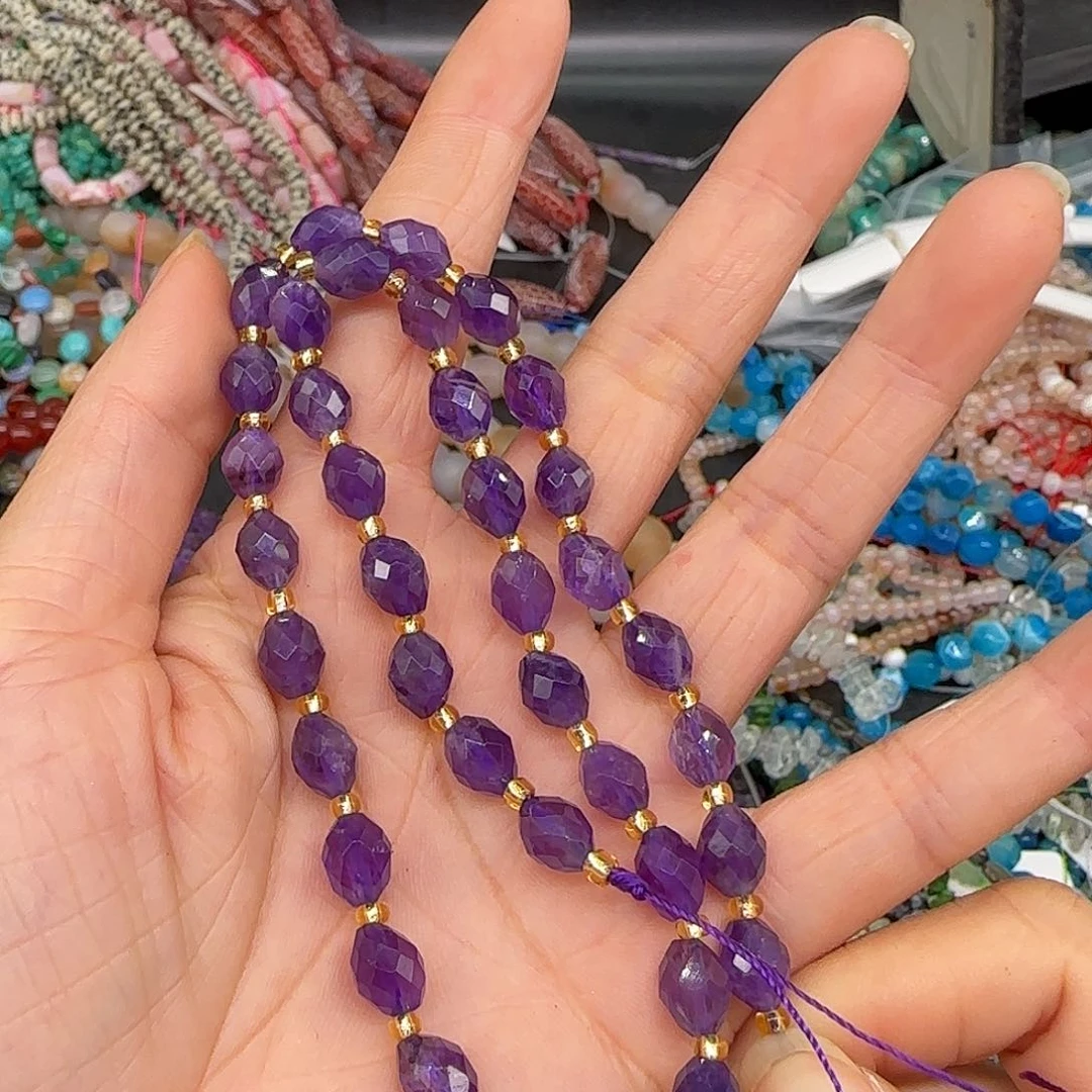 玛瑙/玉髓合金珠宝半成品紫水晶枣珠切面6mm一条