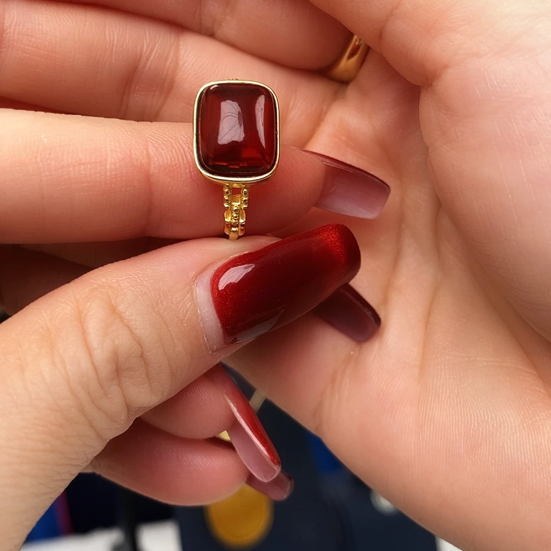 血珀银S925镀金镶嵌戒指