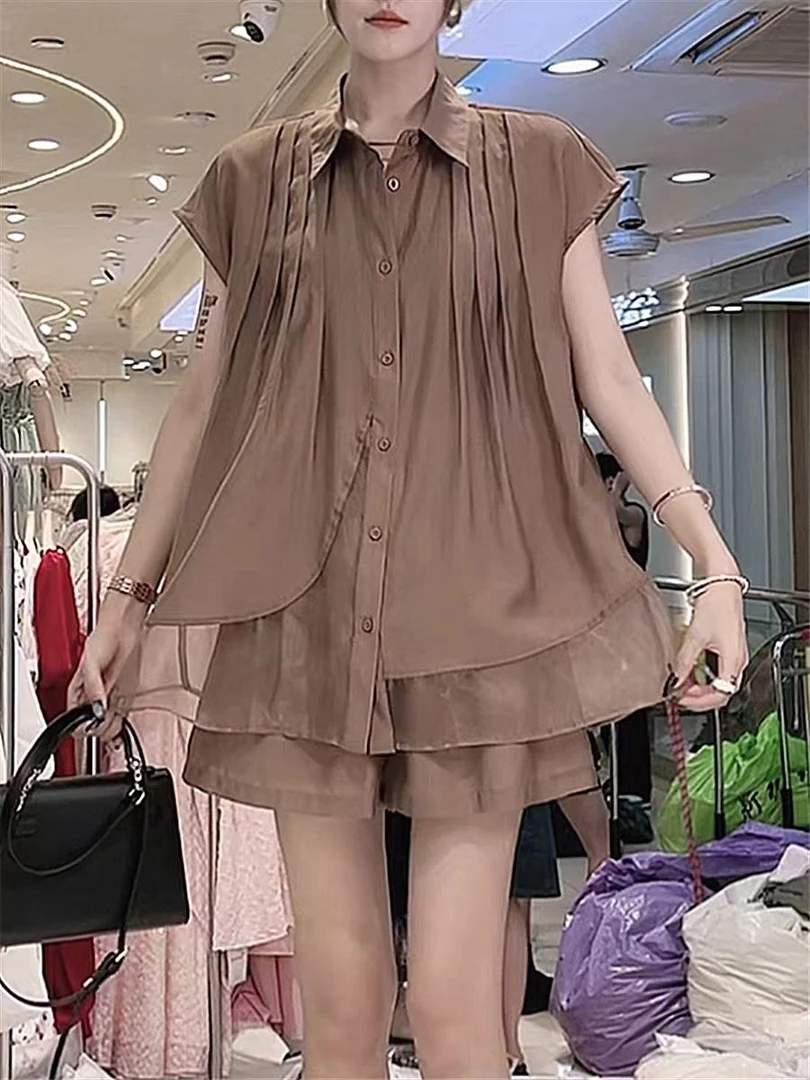 夏季新款 复古大口袋苎麻衬衫女气质翻领两件套
