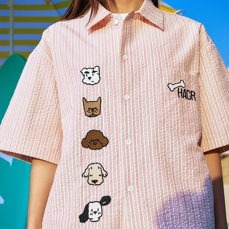 harshandcruel小狗刺绣条纹泡泡纱情侣宽松休闲短袖衬衫