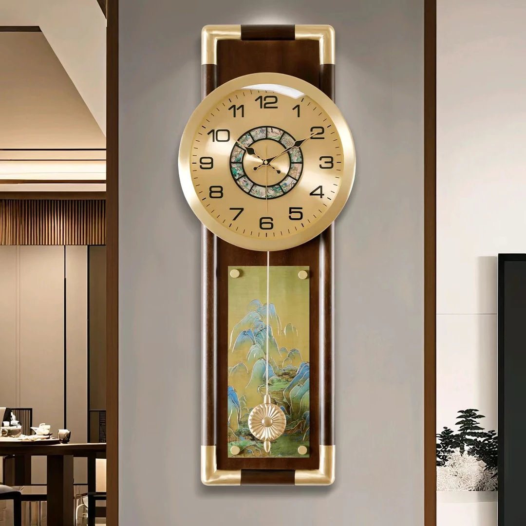 康巴丝2025新款新中式大气轻奢黄铜实木挂钟客厅静音石英钟中国风
