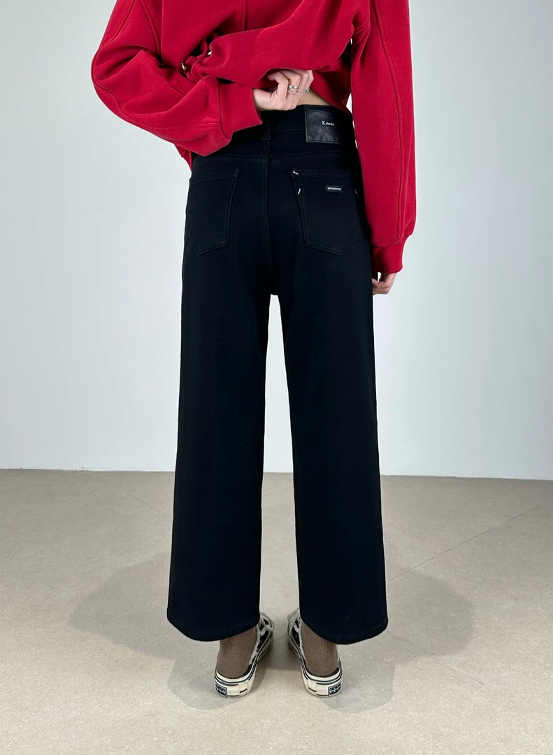 卡布92215A加绒牛仔裤女冬季阔腿裤Kabodo高腰黑色磨毛九分奶奶裤