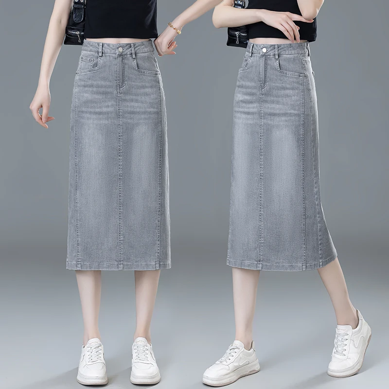 莫兰迪灰高级牛仔裙女半身裙2025年夏季新款时尚洋气后开叉包臀裙