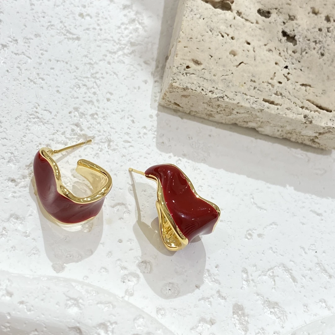 铜合金耳饰 秋冬酒红色几何耳环A343