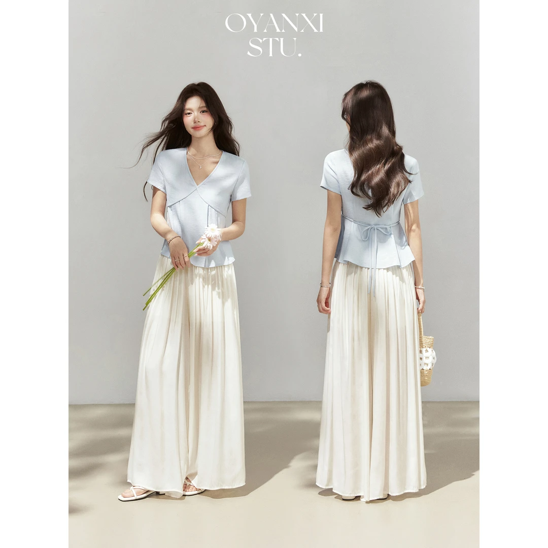 万万【清清】黑巧泡芙法式设计感V领飞飞袖上衣女夏季T恤+