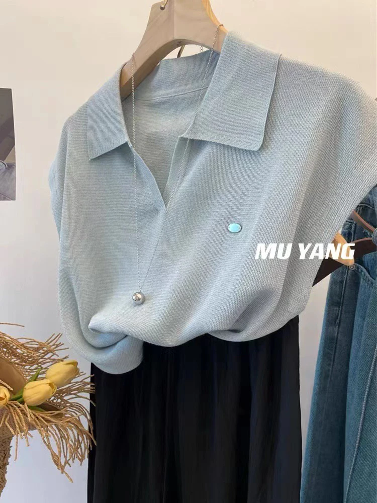 MUYANG韩国夏日！半袖百搭翻领贝壳装饰冰丝套头针织衫毛衣女上衣