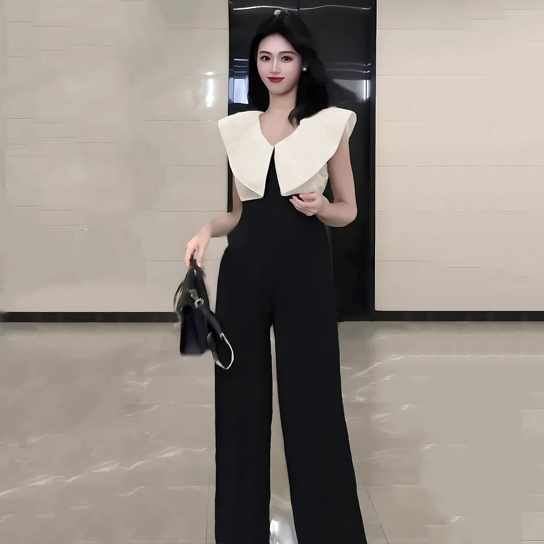 B夏季黑白撞色高腰显瘦阔腿连体裤气质轻奢名媛高端连体裤女D2098