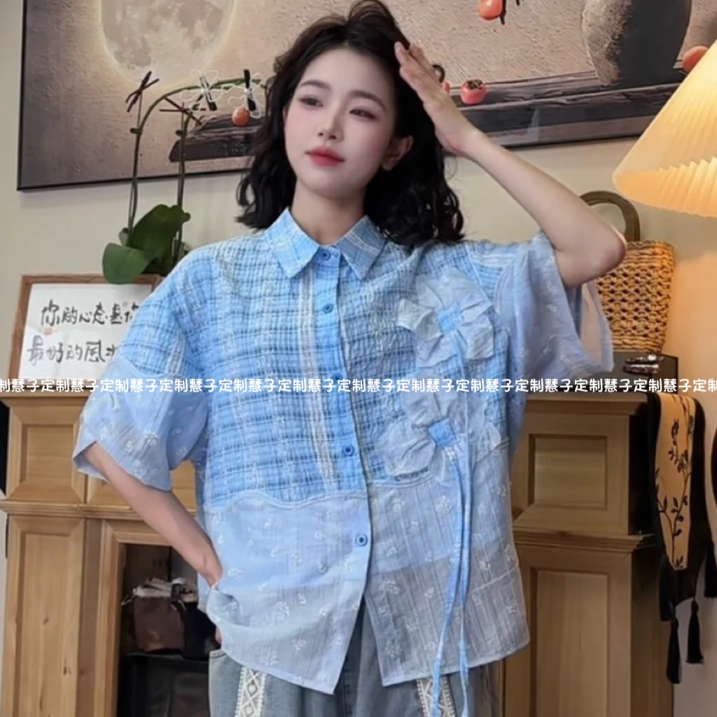 HZ“一帘幽梦”自制夏季新款拼接设计时尚小众款衬衣气质短袖衬衫
