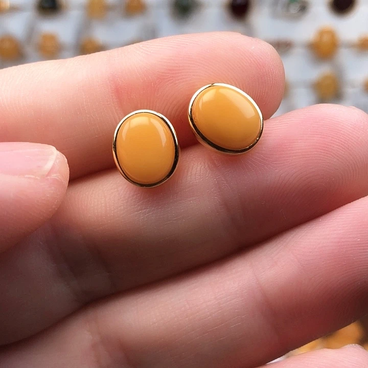 蜜蜡银S925镀金镶嵌耳钉