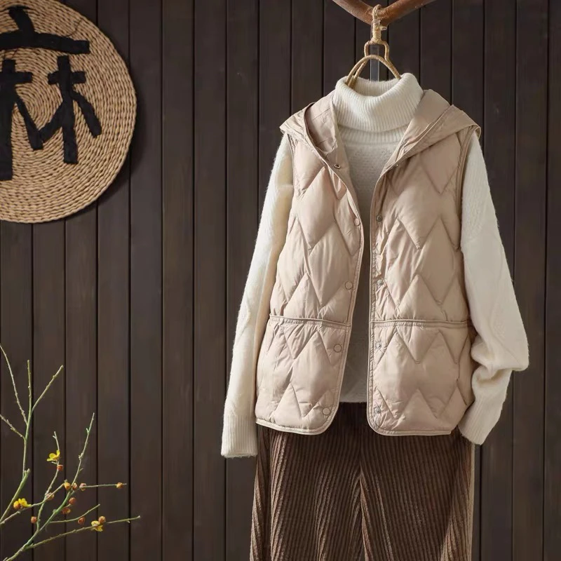 2025秋冬短款连帽简约保暖韩版纯色显瘦宽松百搭休闲轻薄羽绒马甲