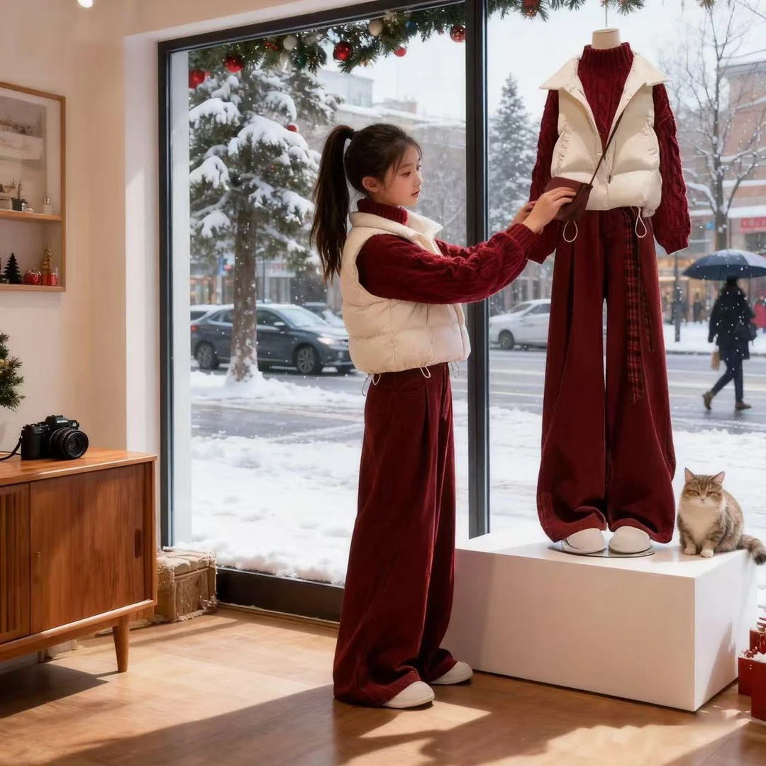 冬季套装女2025新款女学院棉服马甲红色高领毛衣加绒阔腿裤三件套