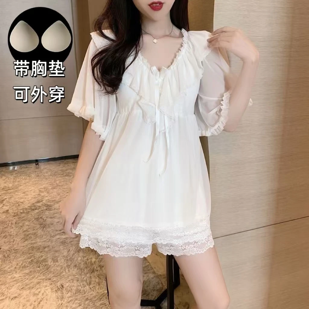 【带胸垫】睡衣女夏季透气显瘦大码外穿薄款可爱时尚家居服两件套装