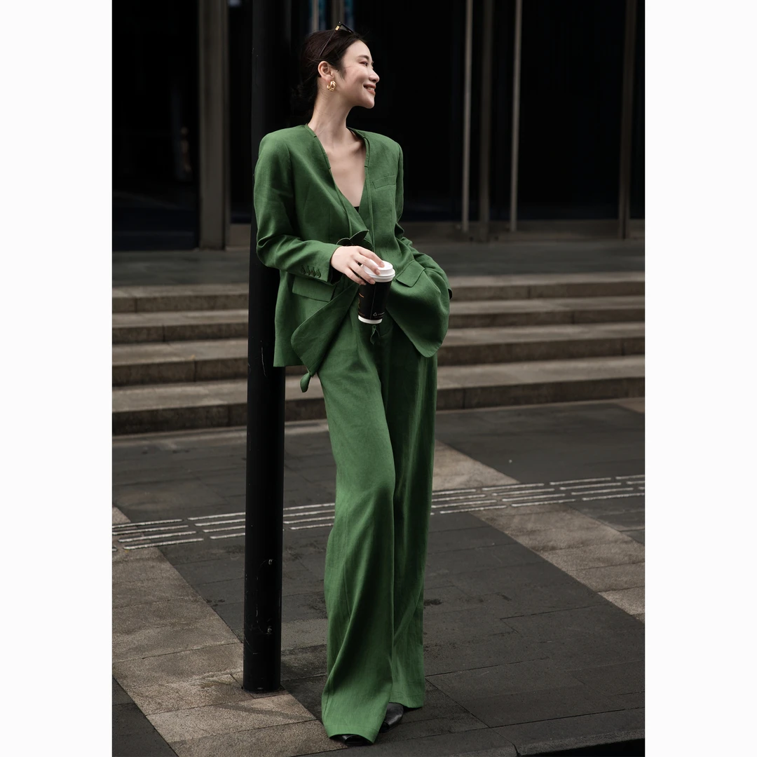 ZEROYK老钱风时尚套装女高级感100亚麻宽松西服阔腿裤气质两件套