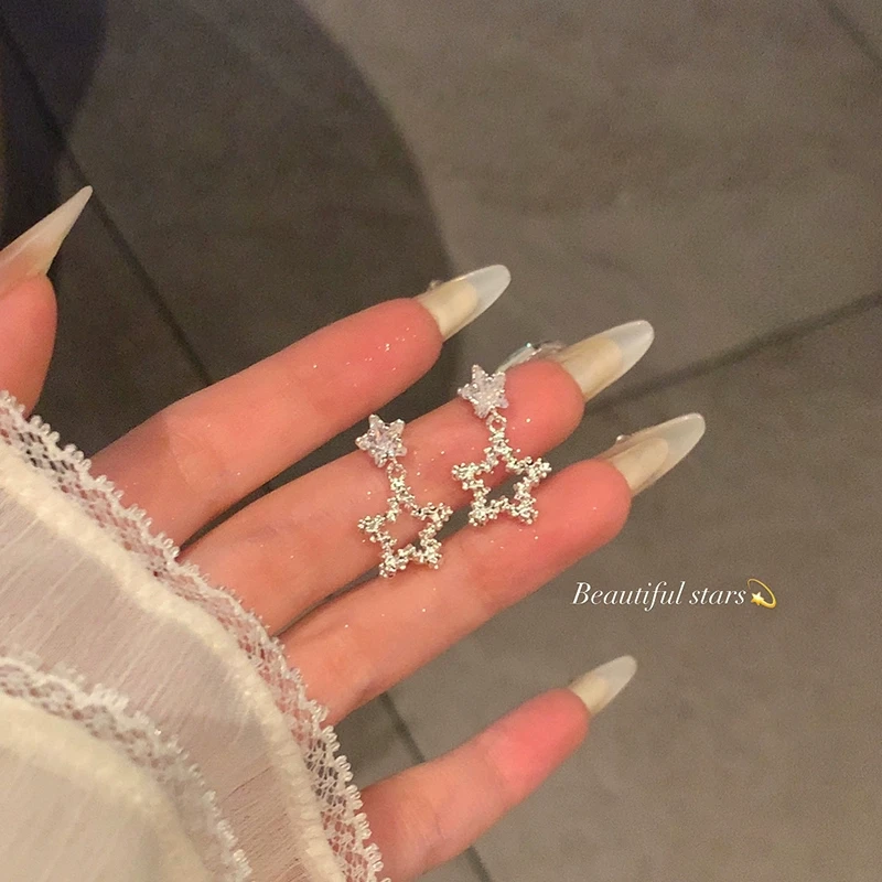 铜合金锆石耳饰 韩系简约闪锆星星流苏耳环女春夏轻奢耳针耳饰