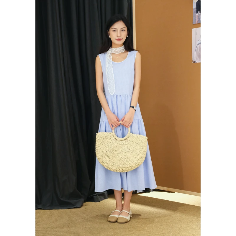 百武西“云朵蓝天”法式文艺无袖连衣裙1oo棉亲肤文艺背心裙8635
