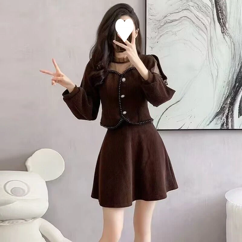 高级感小洋装套装裙女春秋网纱拼接蝴蝶结灯芯绒a字半身裙两件套