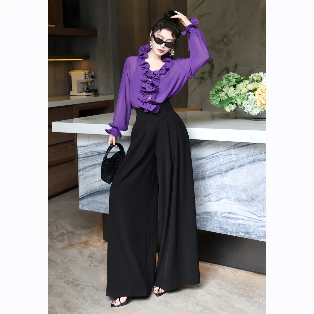 ZEROYK高级贵气紫色衬衫女2025夏季新款法式名媛风花朵领轻奢衬衣