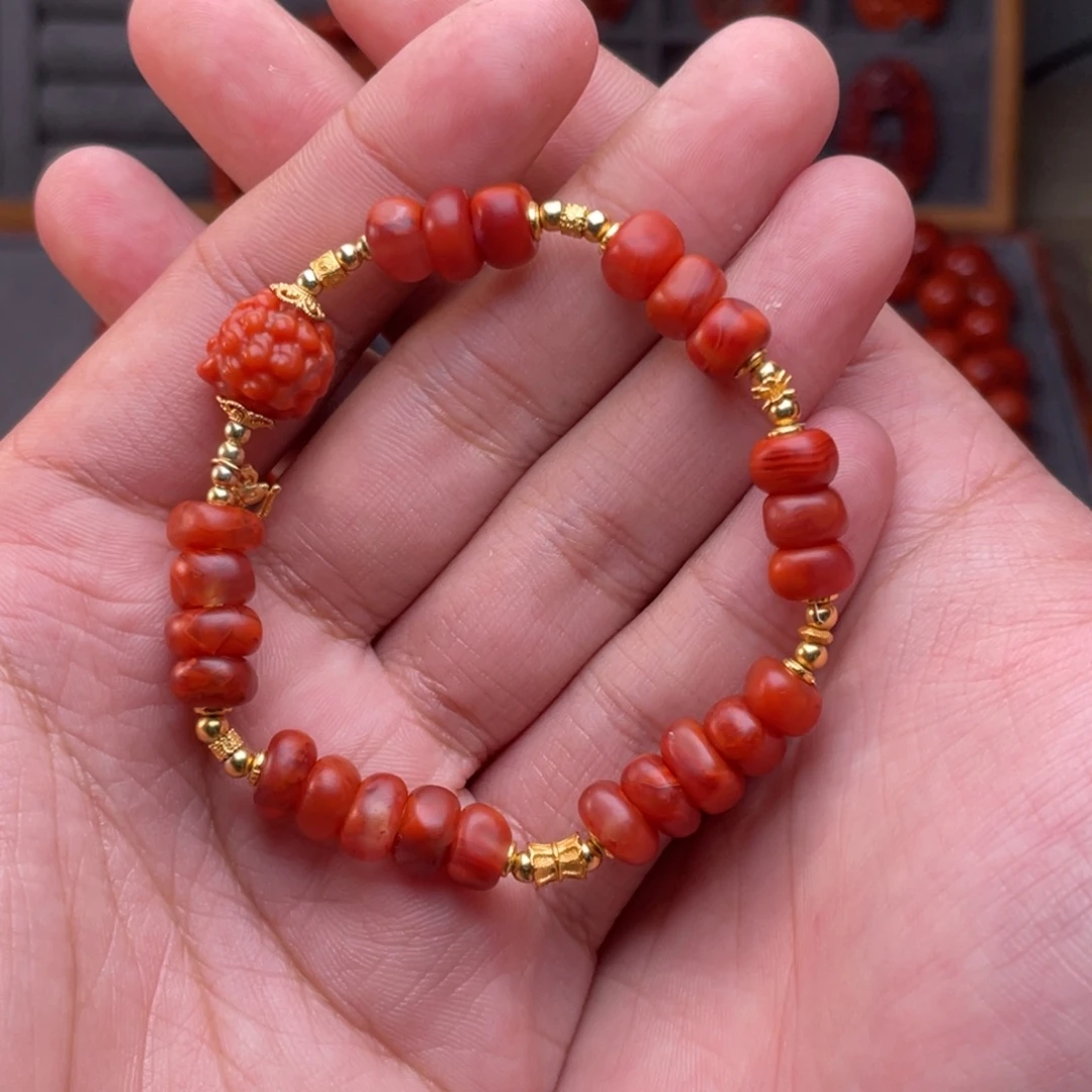 南红玛瑙银S925镀金镶嵌配饰卡8mm左右