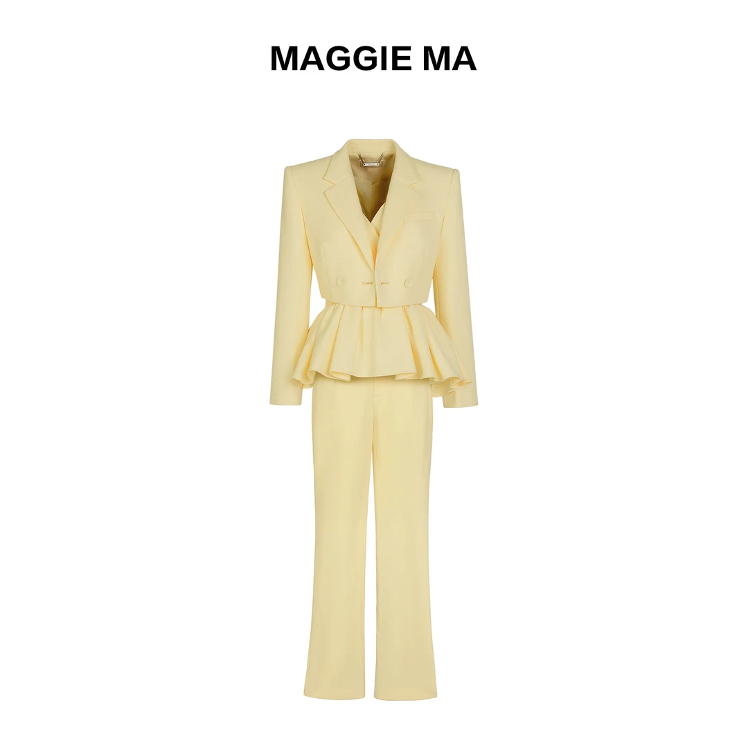 MAGGIE MA马婧设计师款柔和淡雅菠萝黄荷叶边西装套装192C/193P