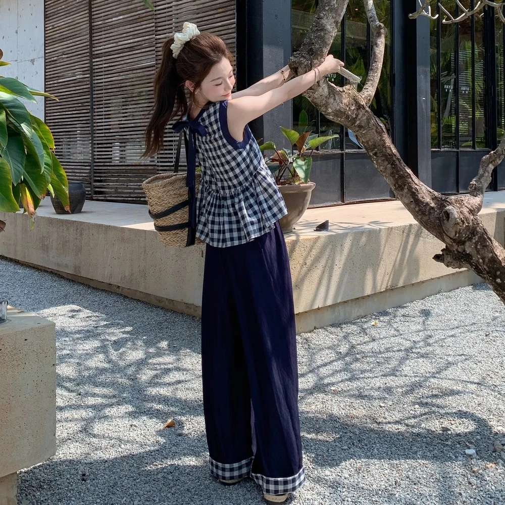 蓝色格纹无袖上衣阔腿裤套装两件套女夏季韩系减龄森系少女感穿搭