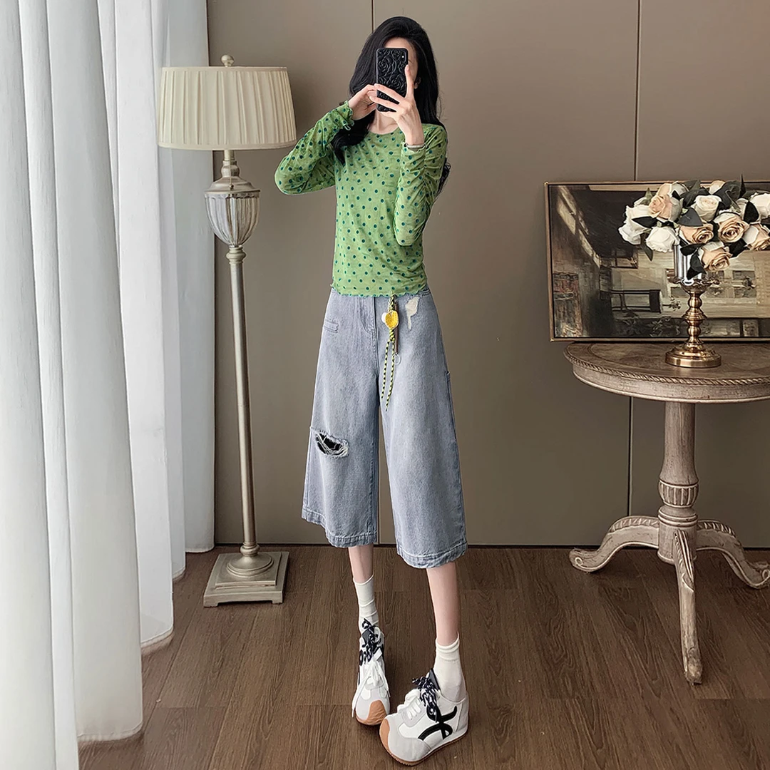个性时尚套装女夏季新款圆领波点网纱长袖宽松破洞牛仔中裤两件套