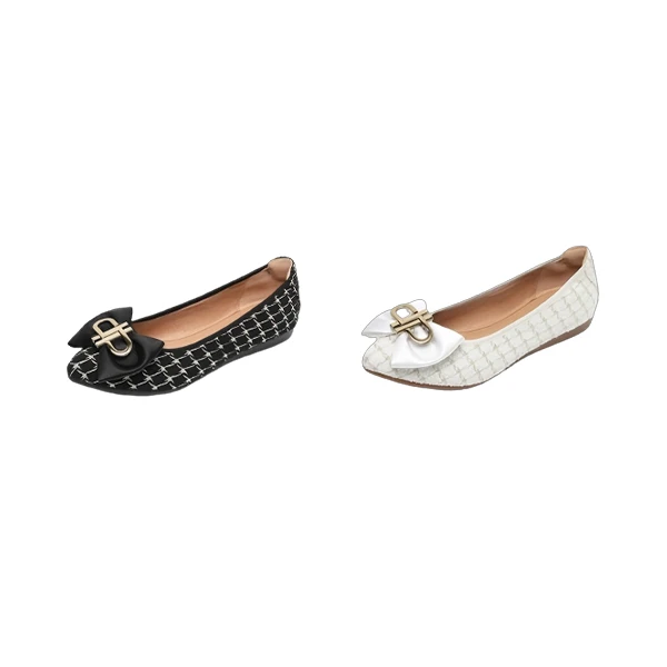 千鸟格浅口气质单鞋女新款蝴蝶结尖头时尚平底瓢鞋