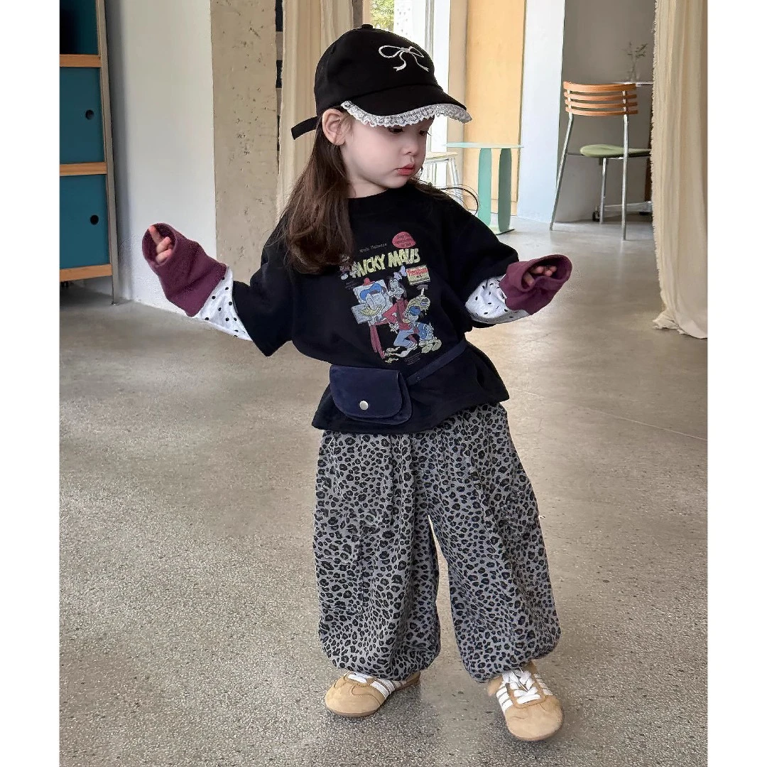 男女童秋季套装豹纹裤卡通休闲韩版ins风城市机能风卡通休闲上衣