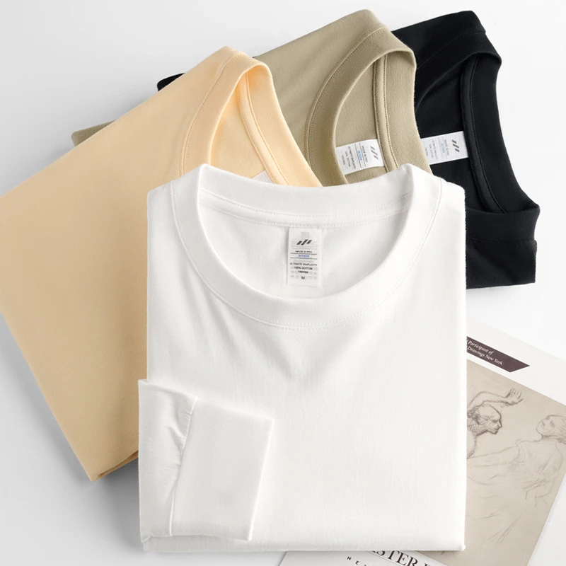 DeweLvum230g纯棉螺纹长袖T恤男纯色打底衫宽松圆领百搭上衣男士