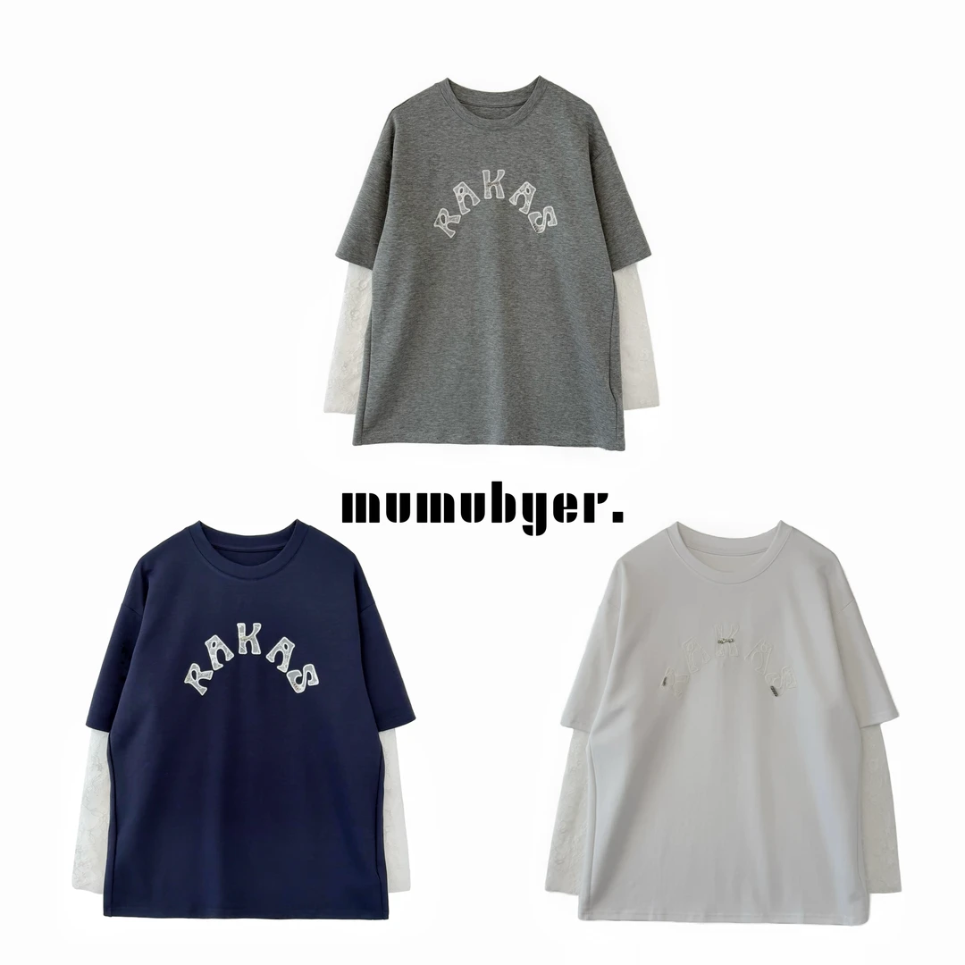 MUMUBYER •“洒脱女主”25年早春字母蕾丝拼接袖假两件tee