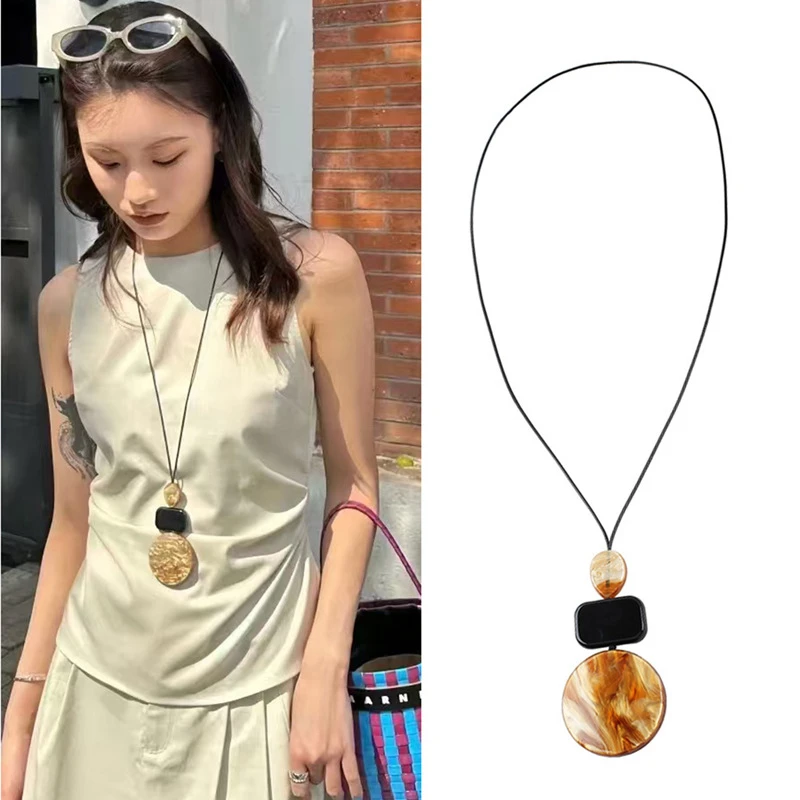 非金属棉绳项链 新中式水滴方形树脂民族风时尚几何吊坠毛衣链