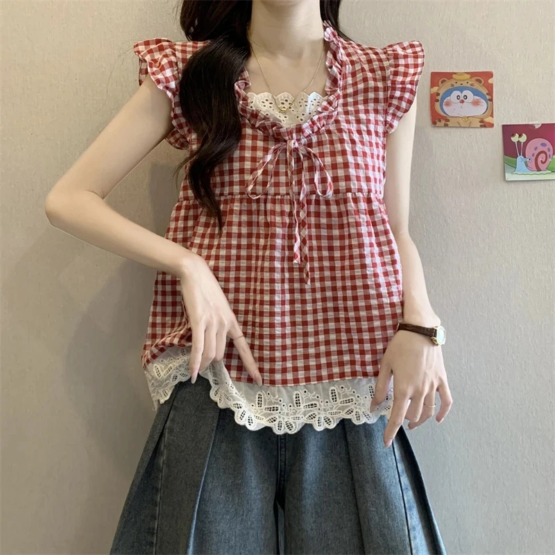 红色蕾丝花边拼接飞飞袖格子衬衫女夏蝴蝶结设计感系带小飞袖上衣