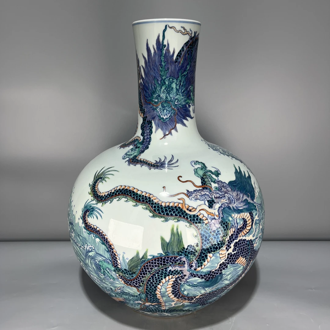 当代仿制 仿古大清乾隆年制斗彩海水龙纹陶瓷天球瓶