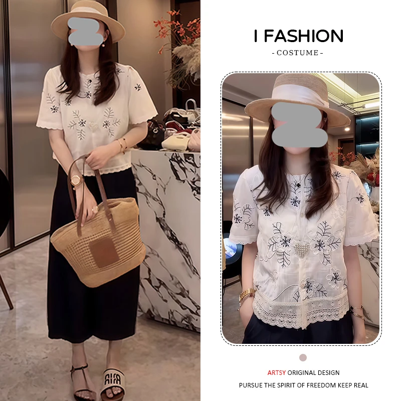 2025年夏季新款高级感休闲慵懒风短袖衬衫女士花边圆领打底上衣潮