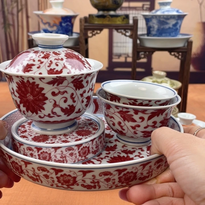 陶摆件釉里红缠枝莲五件套