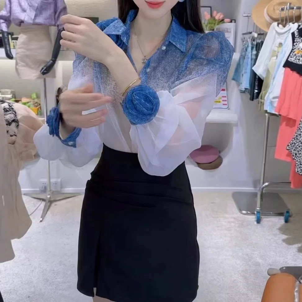 1夏季新款洋气立体花薄款衬衫包臀半身裙女装