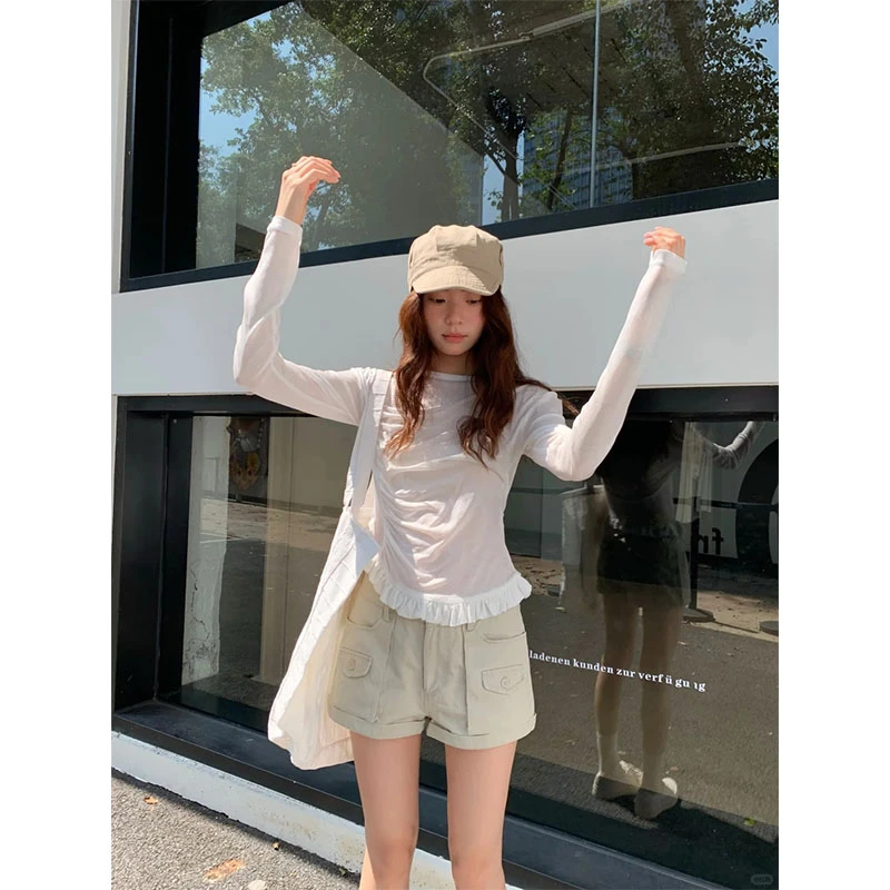 长袖甜美减龄荷叶边时尚气质修身上衣T恤百搭显瘦休闲短裤套装女