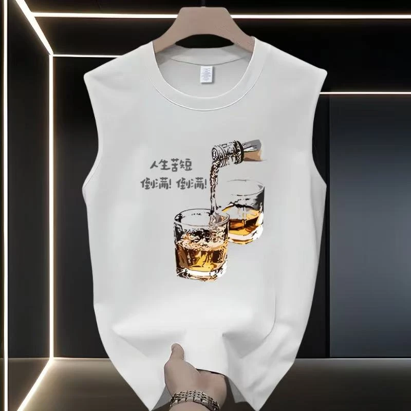 双酒杯 2025夏季潮牌圆领无袖t恤背心男款美式坎肩印花纯棉休闲