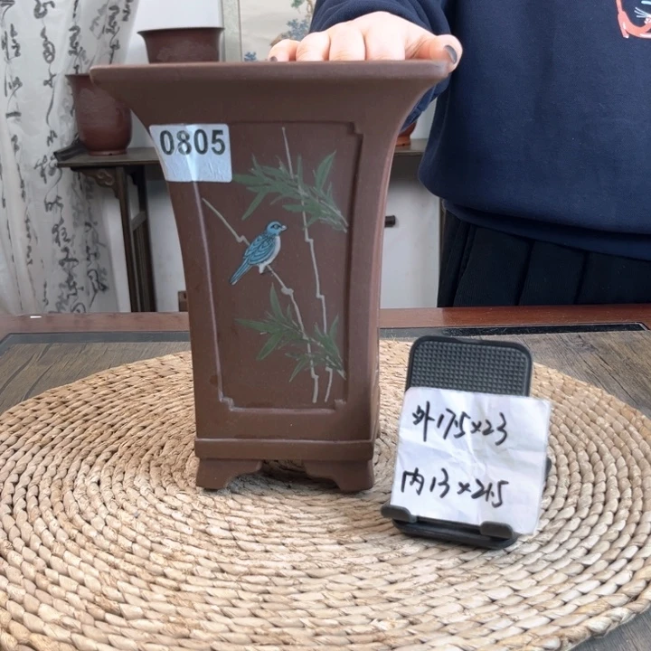 紫砂花盆紫泥内奎手绘高四方0805