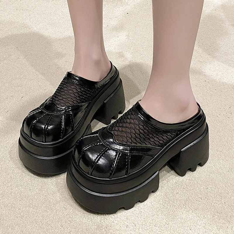 高跟包头半拖鞋女外穿高级感配裙子2025夏季新款网纱透气厚底凉拖