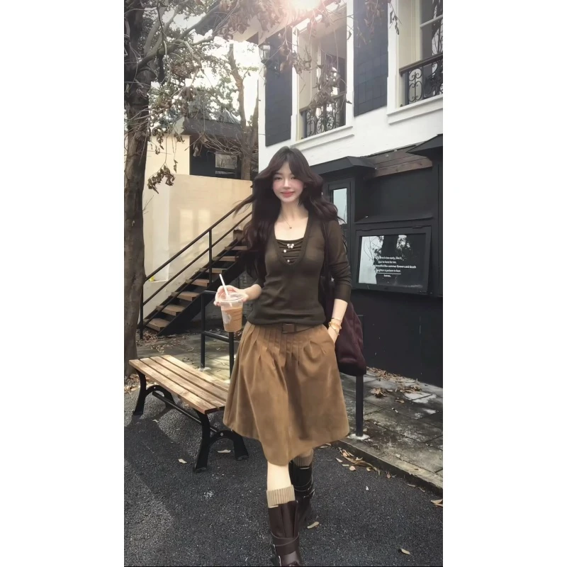 MARIE.COCO美拉德风穿搭长袖v领上衣女秋季新款高腰半身裙两件套