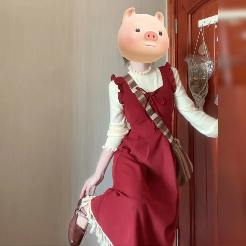 8734过年穿搭红色背带连衣裙子女装秋冬2025新款长裙针织套装新年