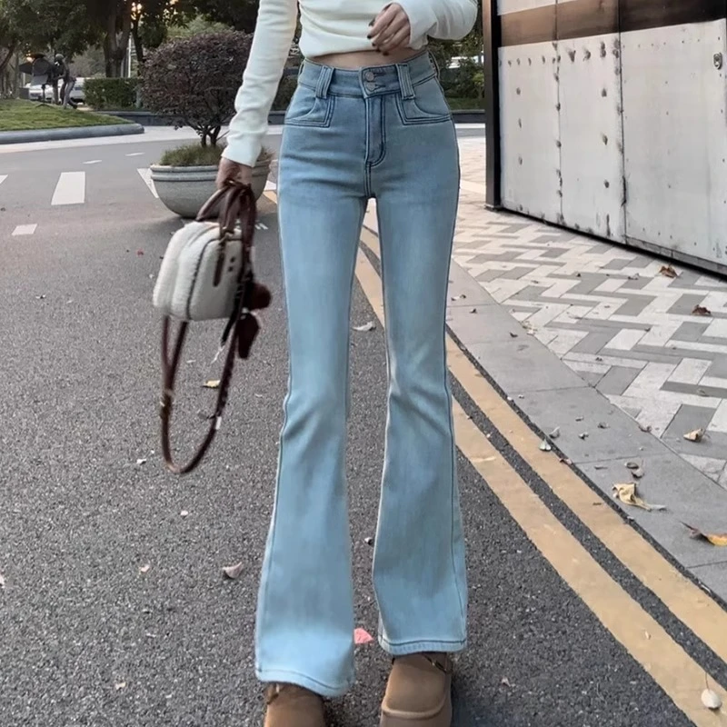 冰川蓝高腰显瘦微喇牛仔裤女2025新款梨型身材胖mm大码弹力喇叭裤