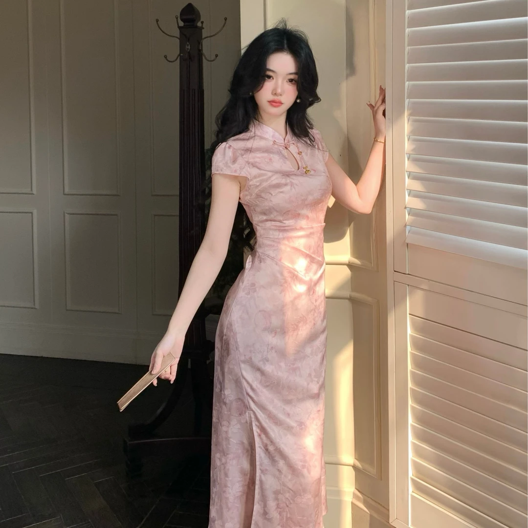 Blovelan粉笺竹梦国风立领提花直角肩新中式改良短袖旗袍甜美