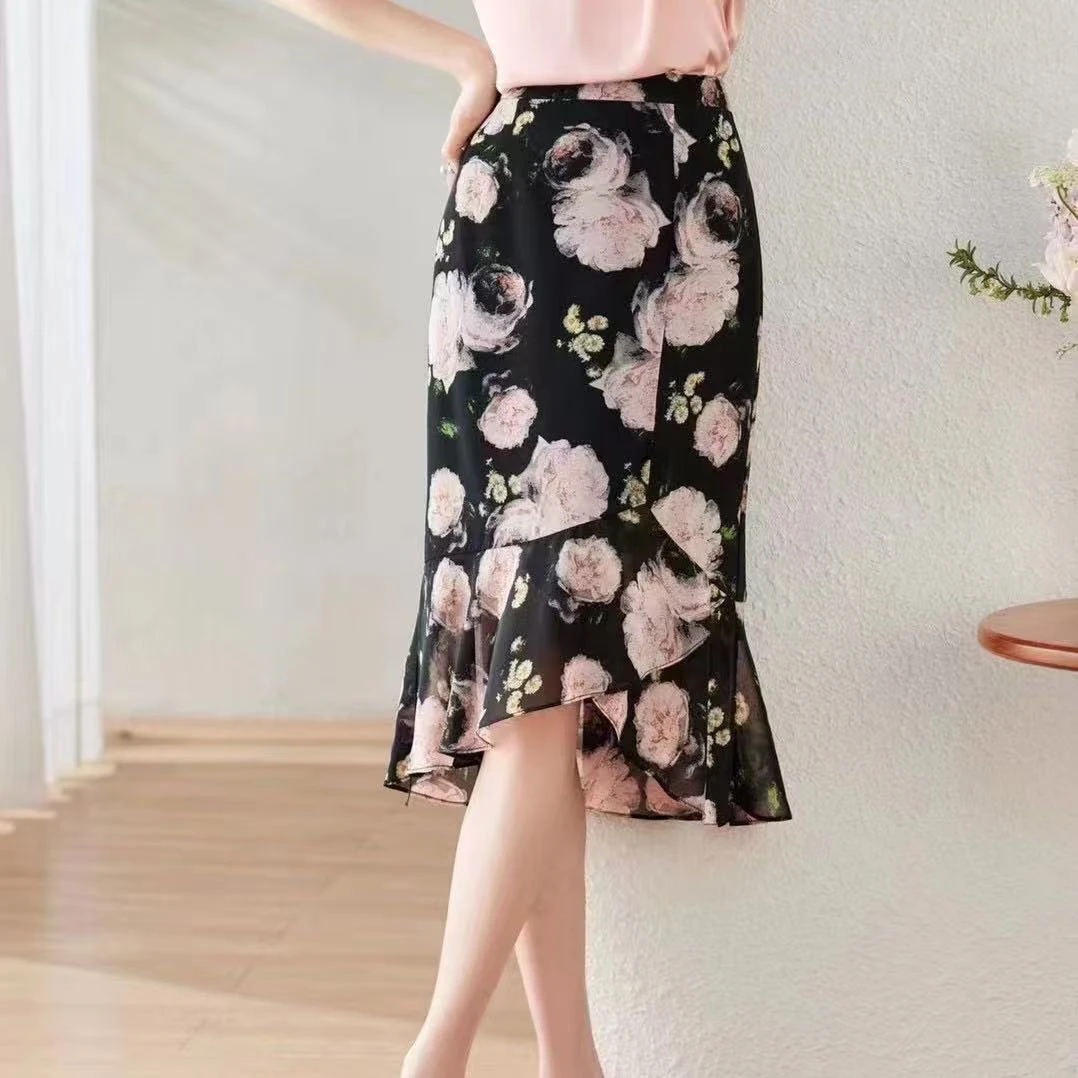 碎花中裙半身裙高腰A字裙中长款通勤风时尚中长裙