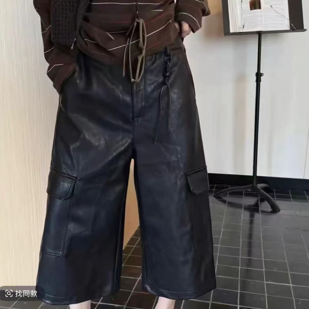 2025大美二美家秋冬PU直筒口袋百搭皮裤黑色
