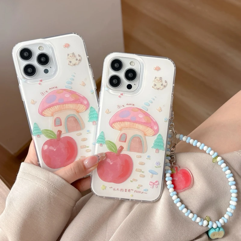 卡通趣味蘑菇房子适用苹果16promax手机壳iphone15全包防摔14双层