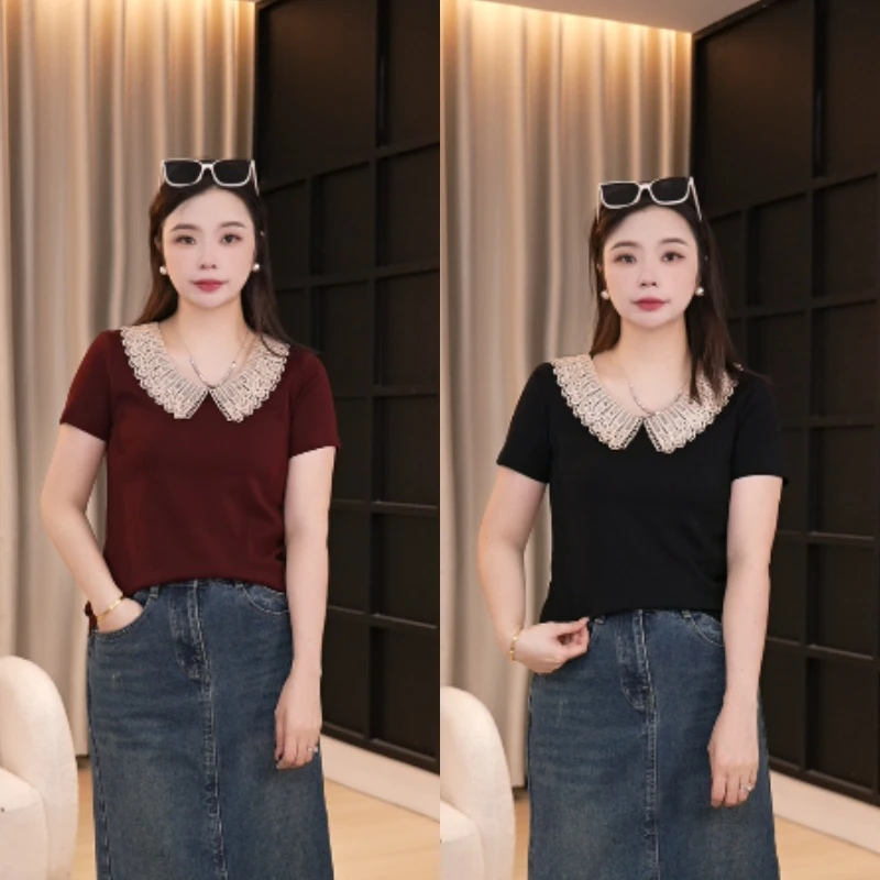 feinina/菲尼娜夏季时尚减龄花边领显瘦百搭纯色气质小衫13914