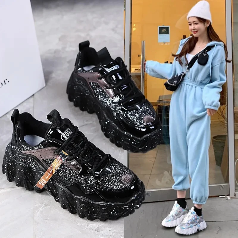 红色老爹鞋女2025春秋季新款百搭网面增高亮晶片红色休闲运动鞋潮