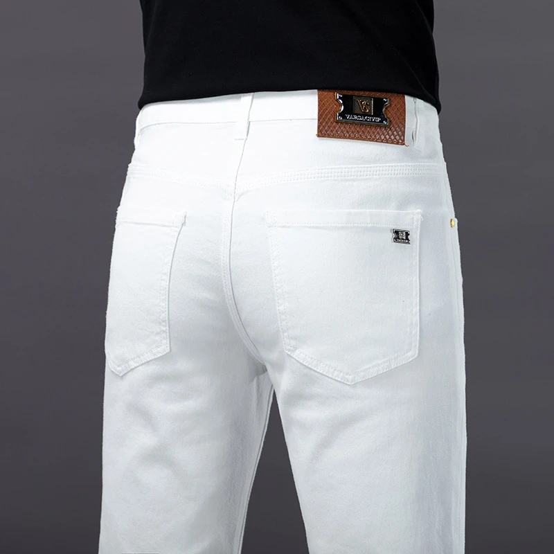 欧货高端潮牌白色牛仔裤男春夏新款修身小脚弹力时尚休闲男裤子